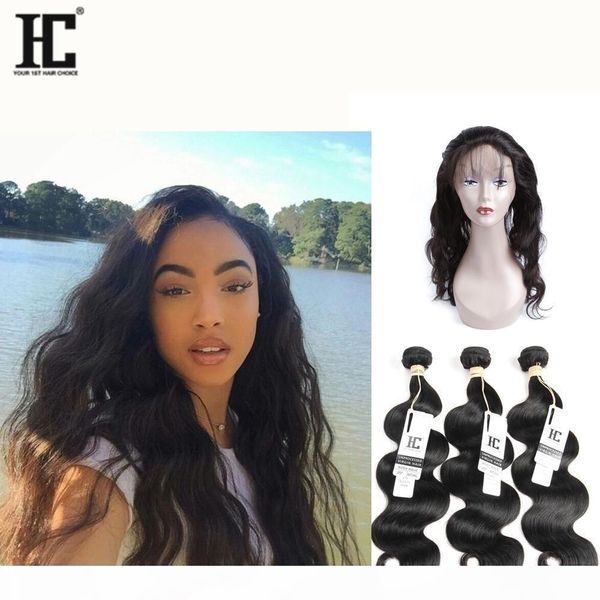 

hc hair 360 lace frontal with bundle brazilian body wave virgin 100% unprocessed hair 3 bundles with 360 lace frontal closure, Black;brown