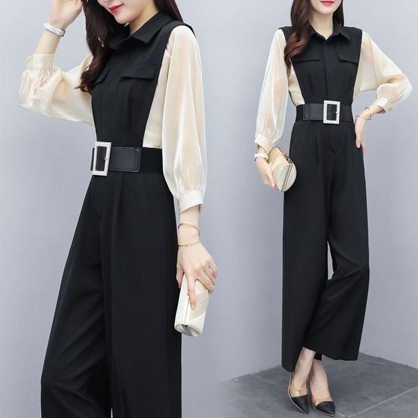 

2020 spring and summer new ol temperament high waist vertical feeling thin slimming jumpsuit women's fashion wide leg pants wide leg pa, Gray