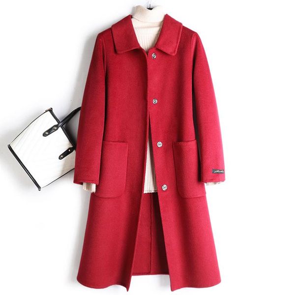 

women's wool & blends 2021 hand-stitched high-end double-sided mid-length straight single-breasted doll collar solid color coat for wom, Black