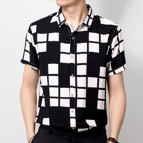 

lattice short sleeve printing moda hombre 2020 casual shirts male camisas masculinas fashion stage show dress shirt men, White;black
