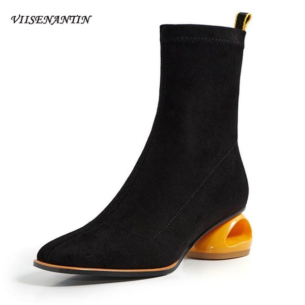

personality thin boots mid-heel short tube square toe short boots female autumn/ winter shaped hollow thick heel elastic, Black