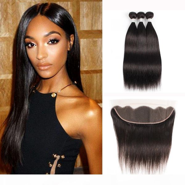 

kisshair straight 3 bundles with 13x4 ear to ear lace frontal brazilian virgin hair weave bundles peruvian malaysian raw indian human hair, Black;brown