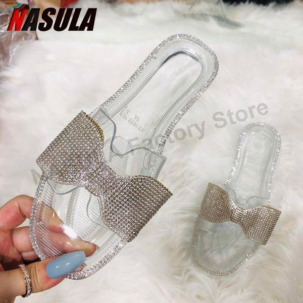 

slippers square head rhinestone women bling rhinestones diamond bowknot slides transparent sandal ladies beach shoes1, Black