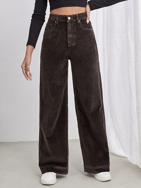 

high waist slant pocket cord pants 420n#, Black;white