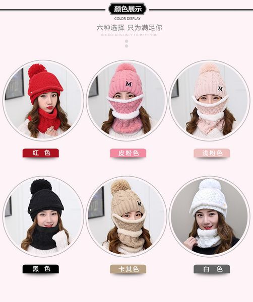 

winter cycling hat women 3 piece warm wool beanies skullies hats with mask collar bib female velvet thick anti-smog knit caps, Black;white