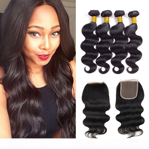 

brazilian 8a body wave hair 4 bundles with 4x4 lace closure unprocessed malaysian natural color wet and wavy virgin human hair extension, Black;brown