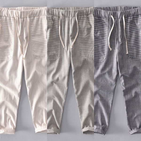 

my4wv small new cotton striped 599 summer i linen versatile casual cotton linen chinos thin casual pants large pocket rope pants men's, Blue