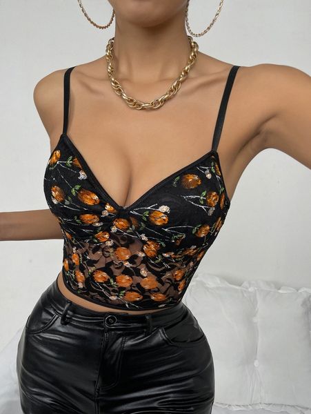 

floral print bustier lace cami h2yd#, White