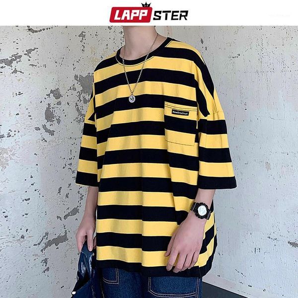 

lappster harajuku stripe tshirt summer 2020 mens korean style t shirt men oversized yellow tshirts hip hop casual pocket t-shirt1, White;black