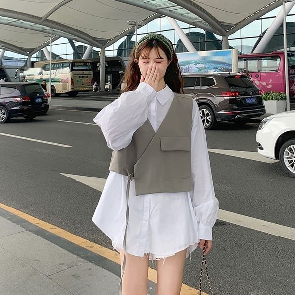 

two pieces of chic korean style sleeveless suit vest shirt lantern waistcoat + lantern sleeve shirt in early autumn 2020 63c79, Gray
