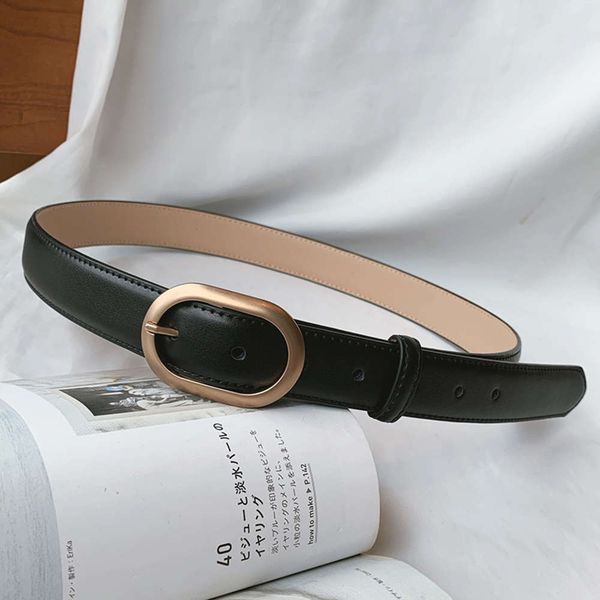 

korean version simple ellipse pin buckle double pressure line edge women's skirt jeans versatile leather belt, Black;brown
