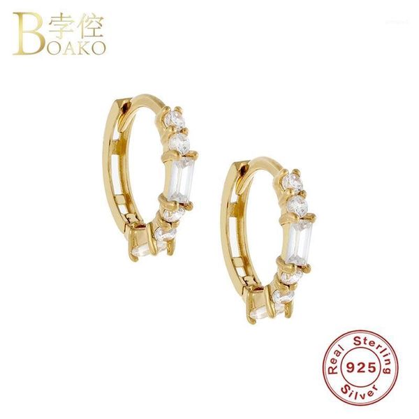 

hoop & huggie boako 925 sterling silver fine jewelry rectangle shape hoops earring bling zircon woman earrings pendientes for birthday gift1, Golden;silver