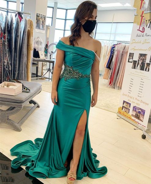 

satin evening dress green one shoulder long side slit custom made court train sleeveless prom party gown formal mermaid, Black