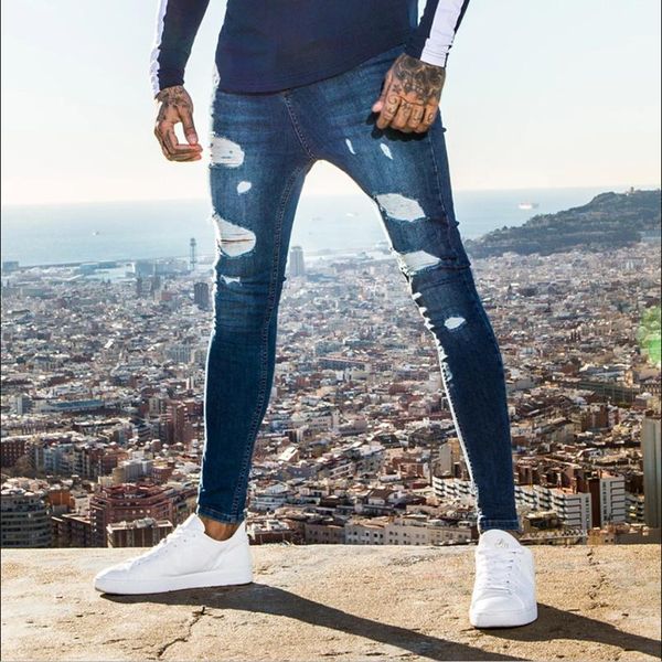 Männer Jeans Herren Einfarbig 2021 Mode Dünne Bleistift Hosen Sexy Casual Loch Ripped Design Männer Streetwear Hip Hop