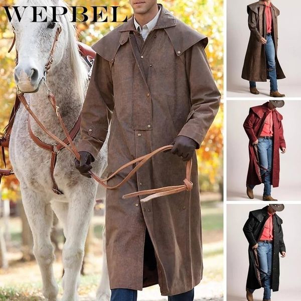 

wepbel cowboy leather duster coat vintage style winter frockcoat full sleeve retro inverness greatcoat steampunk riding jacket, Black