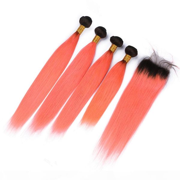 

orange ombre malaysian straight human hair 4 bundles and closure #1b orange ombre weaves dark roots hair extensions with lace closure 4x4&qu, Black;brown