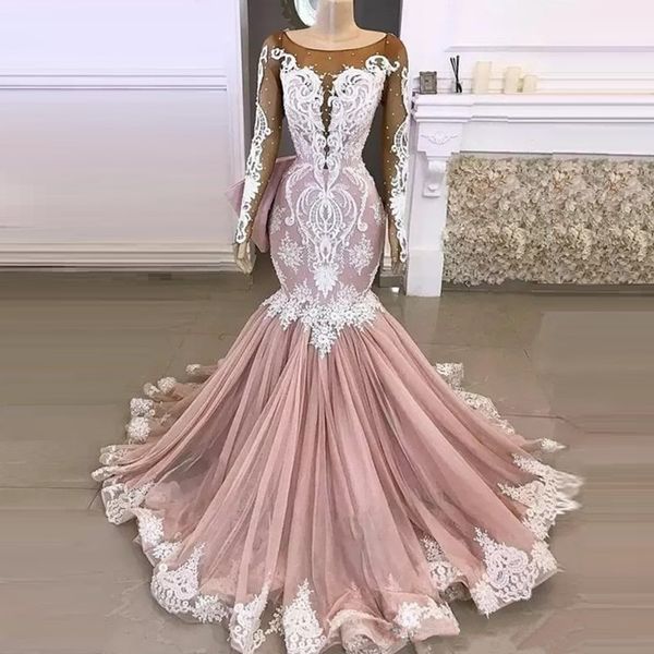 Abiti da sposa a sirena vintage rosa cipria con abito da sposa da giardino a tromba con applicazioni in pizzo a maniche lunghe vestido de noiva