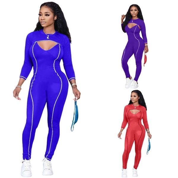 

s-2xl womens 2 piece bodysuit outfit hollow out skinny romper long pants jumpsuit+ cropped coat jacket tracksuits tight bodysuit g11403, White