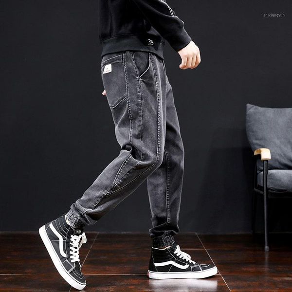 

japanese style fashion men jeans black color loose fit big size 42 slack bottom jogger jeans men side stripe patch harem pants1, Blue