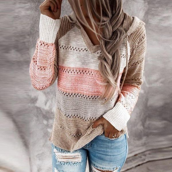 

women's sweaters women lazy stripe patchwork v-neck long sleeve simple wild knitted hooded sweater casual loose pullovers #41, White;black