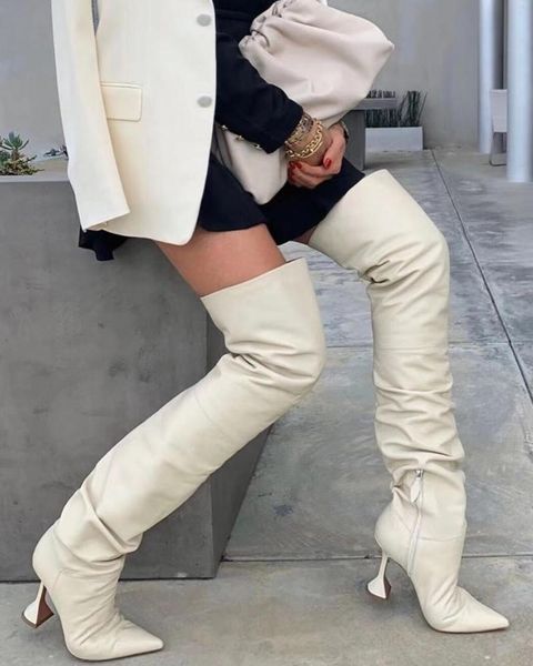

boots transparent strange heel thigh high 2021 party nightclub shoes woman quality pleated leather, Black