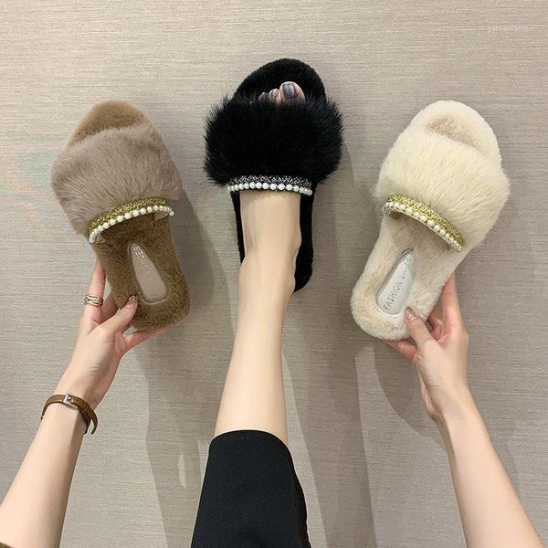

female shoes string bead home slippers women's flock luxury slides platform 2020 massage designer flat rubber fashion basic1, Black