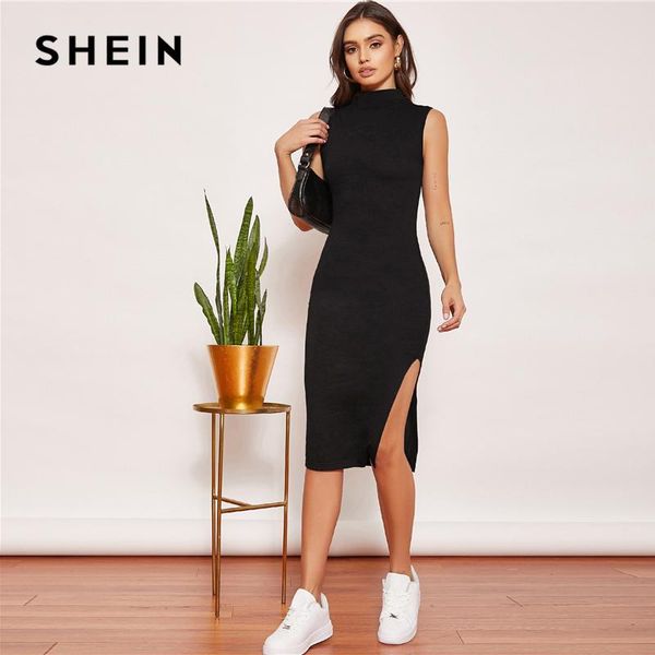 

shein mock neck split thigh bodycon dress women 2021 spring solid sleeveless elegant slim fitted midi dresses, Black;gray