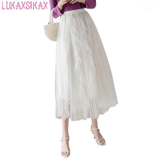 

skirts 2021 spring summer women skirt ruffles beading mesh tulle elegant waist pleated hem long1, Black