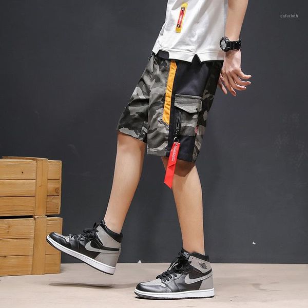 

summer patchwork camouflage mens cargo shorts camo hip hop streetwear cotton multi pockets loose men shorts1, White;black