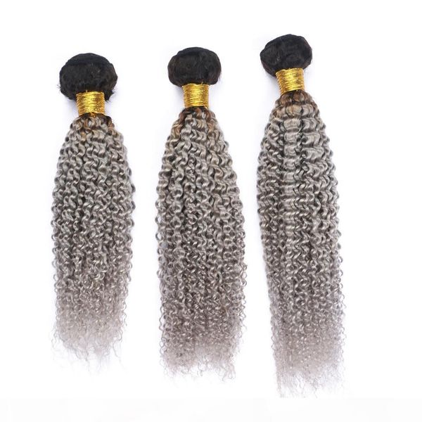 

#1b grey ombre peruvian human hair bundles dark root silver grey ombre kinky curly virgin human hair weaves weft extensions 3pcs lot, Black