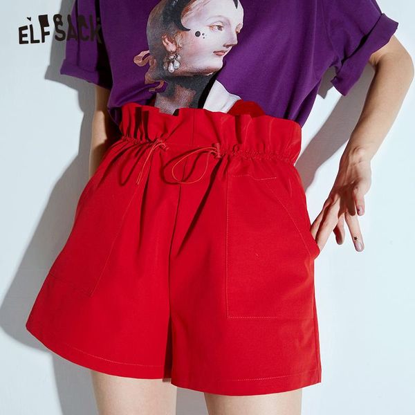 

elfsack red solid high waist casual women shorts 2020 autumn elf pure fashion streetwear female wide leg short bottoms, White;black