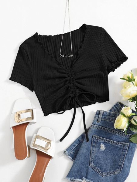 

lettuce trim drawstring ruched front crop tee 44ca#, White