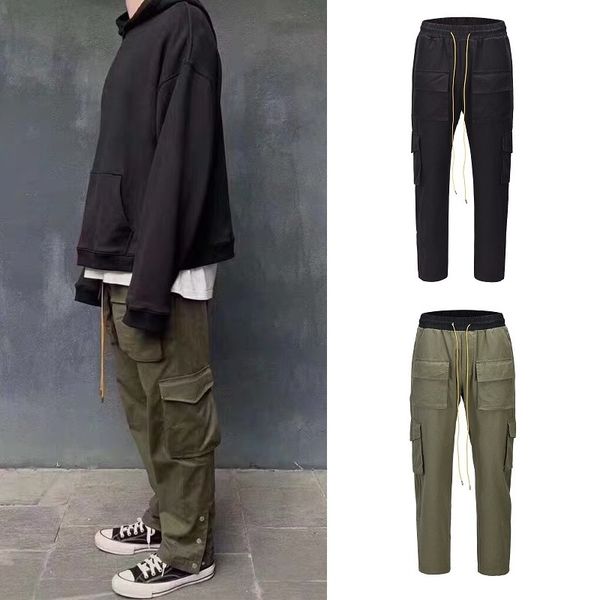 

retro drawstring casual pants multi-pocket overalls mens trousers breasted loose joggings, Black