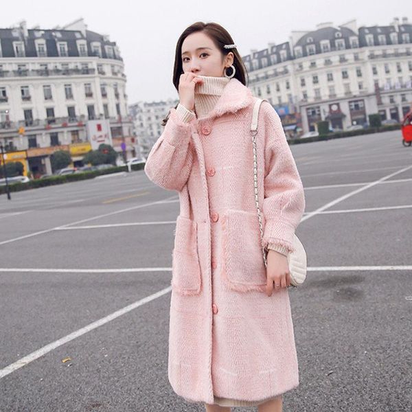 

woolen jacket female 2019 winter hepburn wind thick herringbone pattern loose tassel coat imitation mink cashmere jackets f18521, Black