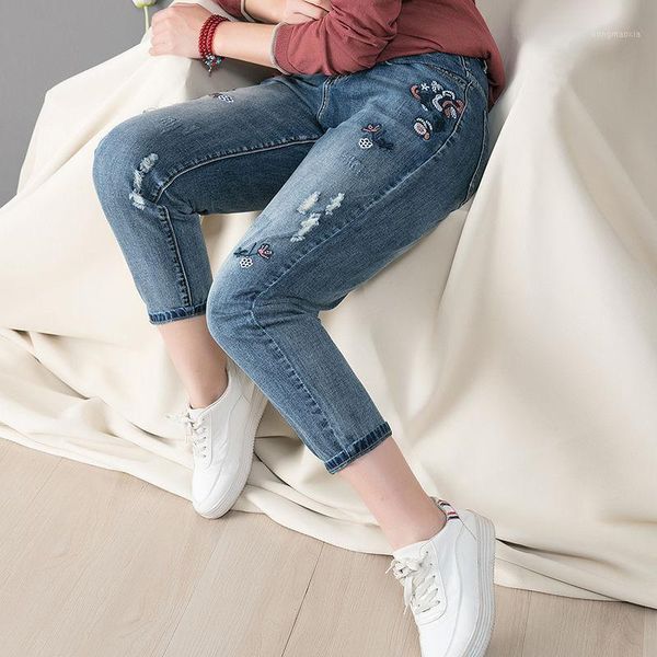 

women's spring 2020 new ankle-length jeans embroidered harem pants1, Blue