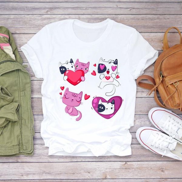 

women cartoon cat animal love valentine fashion 90s print lady t-shirts womens graphic t shirt ladies female tee t-shirt, White