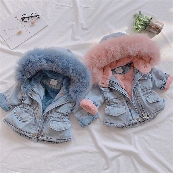 

winter girls warm down jacket plus velvet kids fashion denim coat children's padded parka fur collar baby girls hooded outerwear 201102, Blue;gray