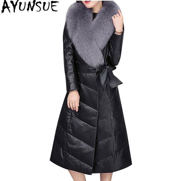 

ayunsue faux leather jacket women faux fur collar winter coat long down jacket overcoat coats chamarras de mujer kj524, Black