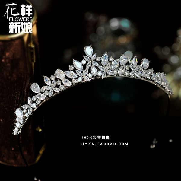 

luxury zircon korean headdress bride crown necklace three sets banquet wedding dress accessories, Silver