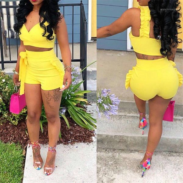

women's two piece pants set 2021 summer women crop high waist shorts 2pcs ruffles bow outfits ladies yellow slim matching clothes sets, White