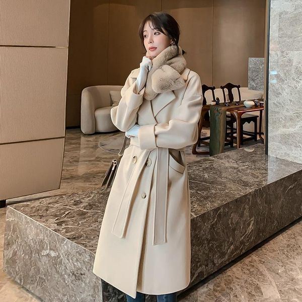 

winter elegant wool coat blend women fashion double breasted long coats with belt overcoat outwear1, Black