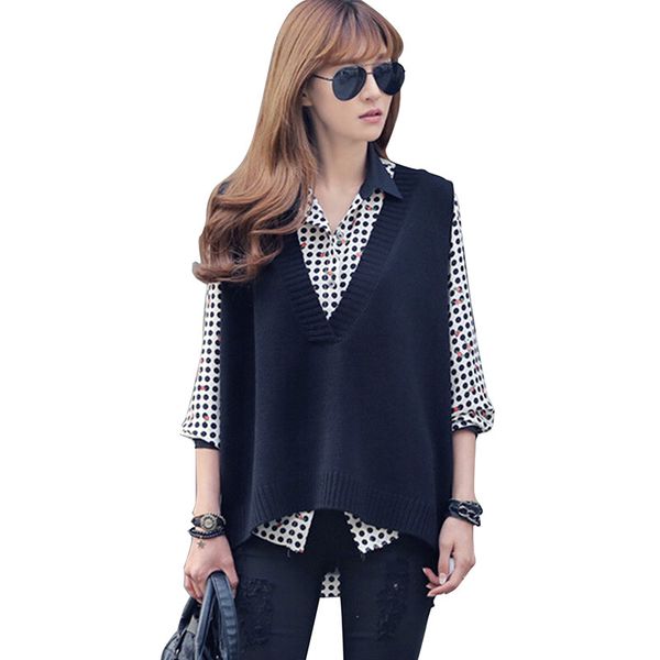 

casual tank pullover spring autumn sleeveless v-neck knitted sweater vest loose women office lady solid korean veste femme 1023, Black;white