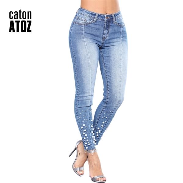 

catonatoz 2160 new arrived mom jeans ladies cotton pearl jeans denim pants stretch womens ripped skinny jeans for female 1017, Blue
