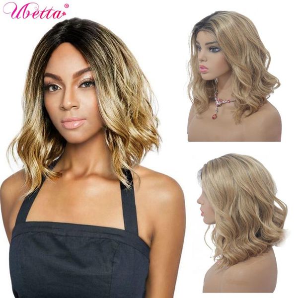 

lace wigs ubetta 100% real hair ombre body wave bob virgin human front for black women short wavy wig middle part, Black;brown