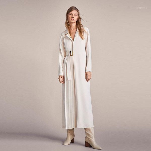 

vintage windbreaker spring and autumn new designer commuter leisure party women white lapel belt pleated long coat1, Tan;black