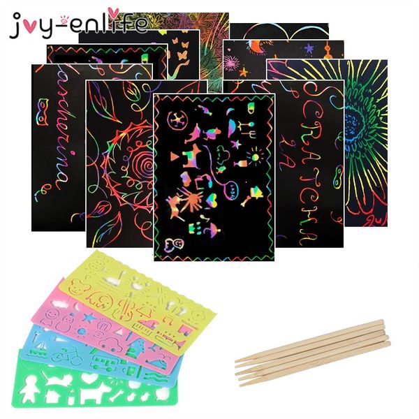 

50pcs magic color scratch card with graffiti stencil for christmas ornaments kids diy paper coloring cards drawing toys