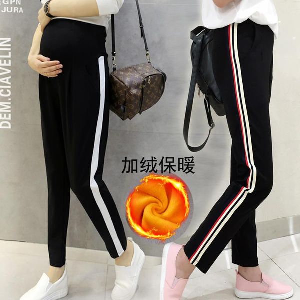 

золотое руно беременные женщины поножи боковые полосы лоскутные материнство belly брюки утолщение velvet зимние теплые живот брюки, White