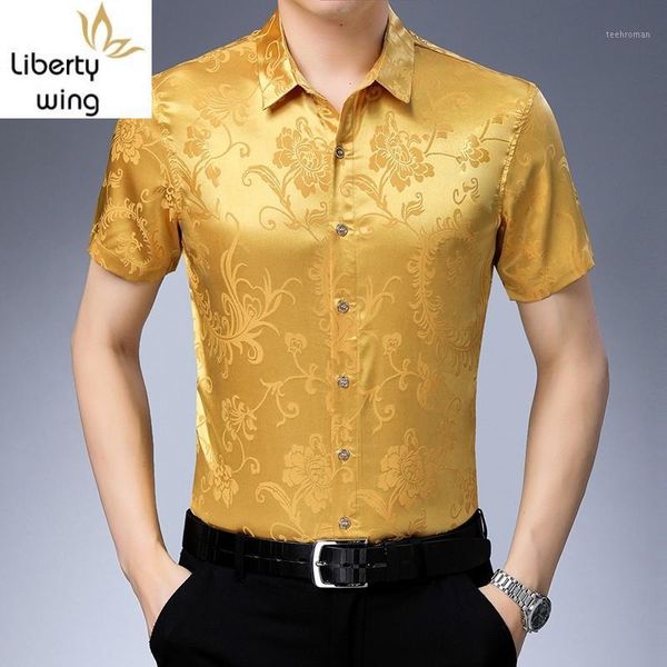 

summer breathable mens faux silk short sleeve shirts vintage floral printed business man casual slim fit shirt plus size 1 men's, White;black