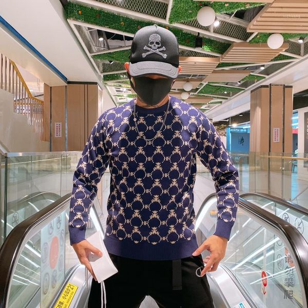 

men's sweaters fall/winter 2021 men's jacquard fit o-collar slim knitting fashion simple retro casual sweater1, White;black