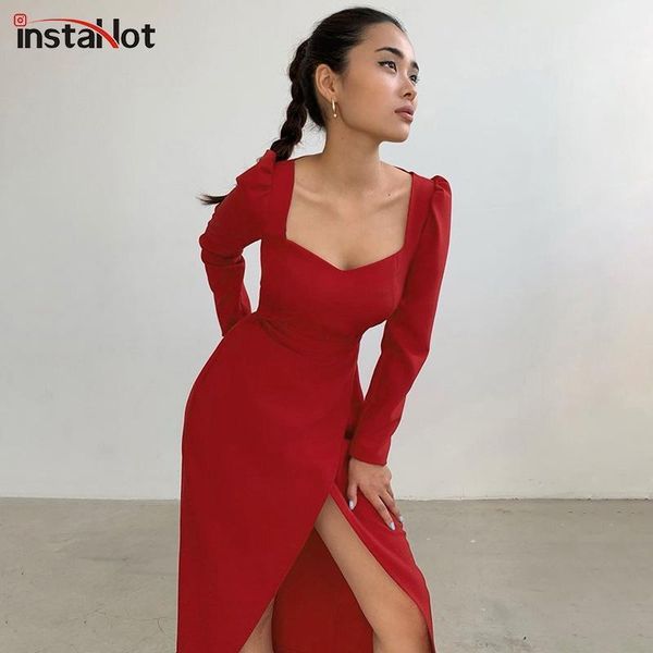 

instawomen splice dress long sleeve elegant party slim knee length puff sleeve midi dress 2021 autumn casual vintage1, Black;gray